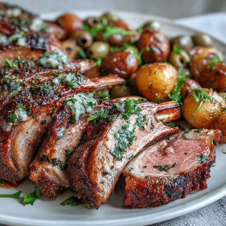 Succulent herb-crusted lamb chops served over a colorful tray of crispy potatoes and tangy olive mix.