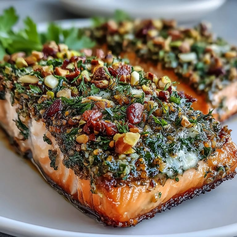 A close-up showcases Confit Salmon with Tahini, Pistachio and Herb Crust, highlighting the chunky pistachio texture and soft, flaky fish beneath a drizzle of olive oil.