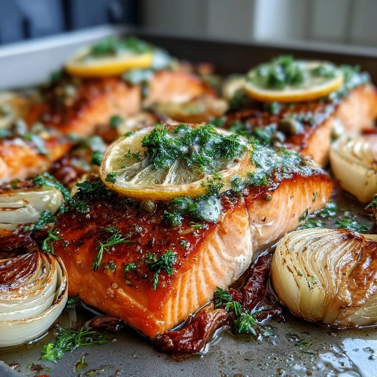 Sizzling One-Pan Roast Salmon with Leeks, Onions, and Parsley Dressing fresh from the oven on a rustic baking sheet.