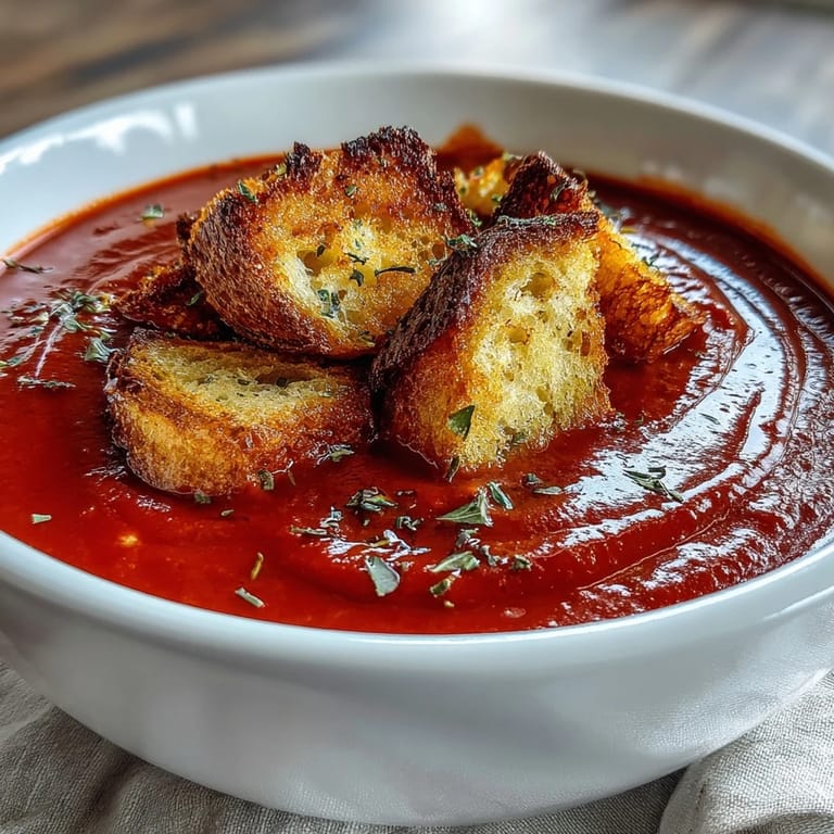 Golden-brown croutons sprinkled with oregano add a satisfying crunch to the creamy Roasted Red Pepper Soup.