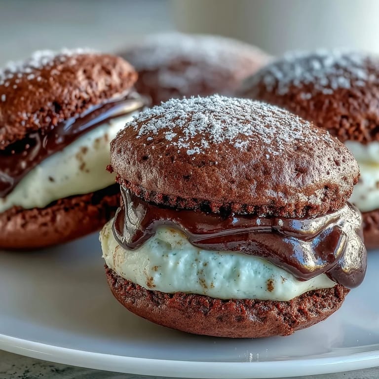 Two Tiramisu Whoopie Pies are stacked on a white plate, showing their soft texture and luscious espresso cream.