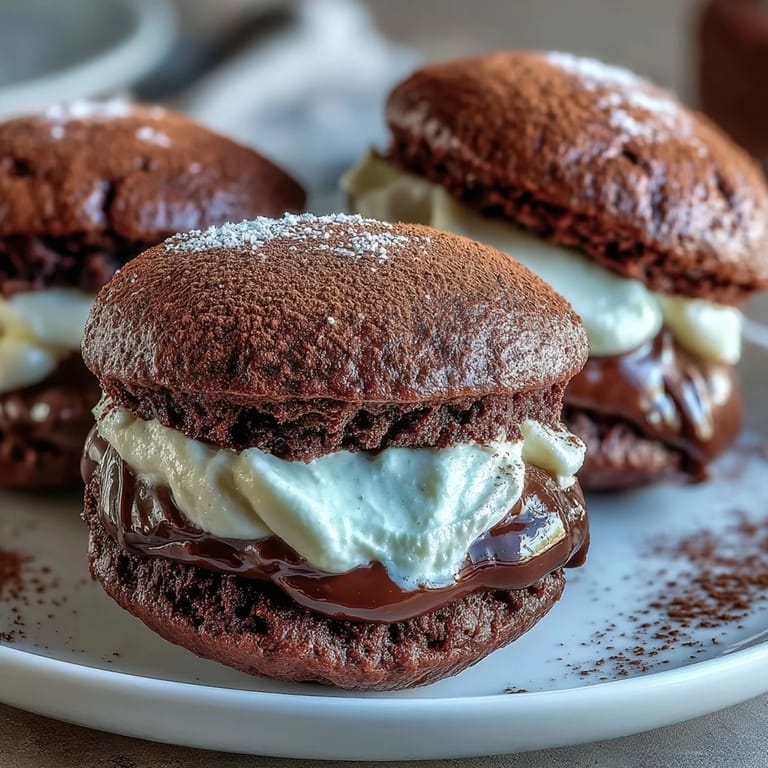 Decadent Tiramisu Whoopie Pies with rich cocoa-dusted tops, perfect for a coffee-flavored dessert platter or afternoon treat.