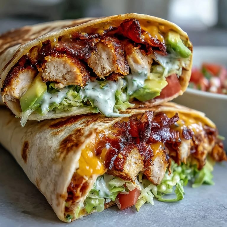 Warm Crispy Chicken Bacon Wrap with melted cheese, fresh avocado slices, and crisp bacon peeking out.