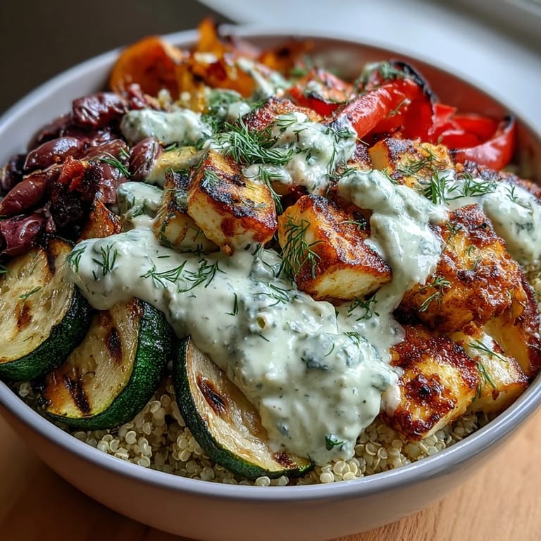 A vibrant, close-up view of the Healthy Grilled Mediterranean Bowl showcases juicy halloumi, roasted peppers, and briny Kalamata olives.