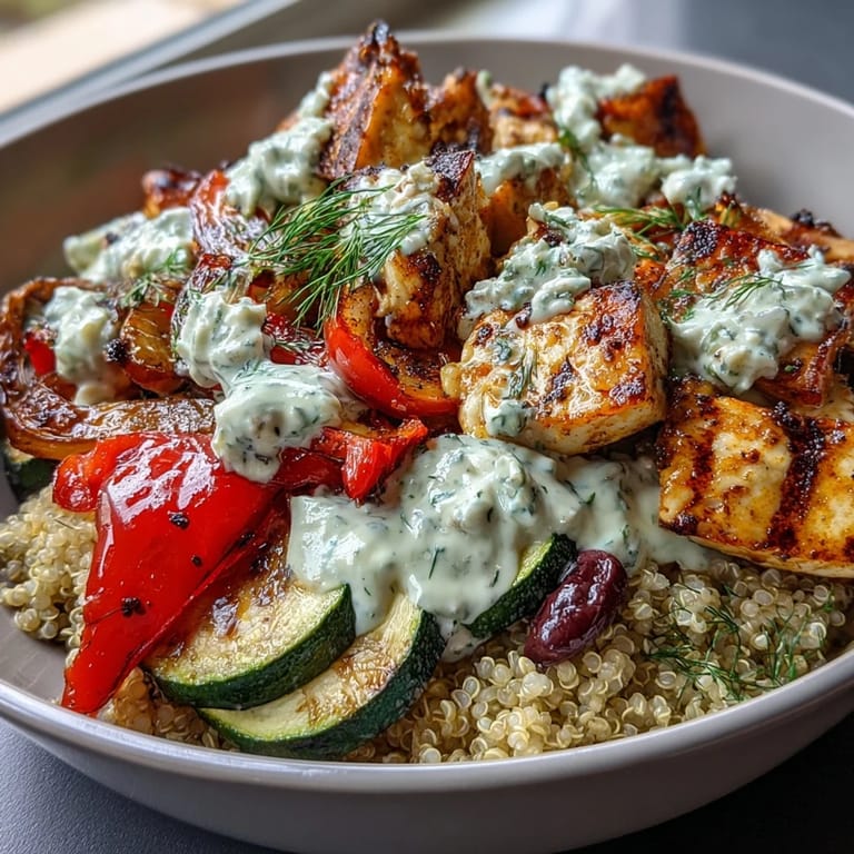 Overhead shot of a wholesome Healthy Grilled Mediterranean Bowl featuring grilled eggplant, feta crumbles, and fresh parsley on nutty quinoa.