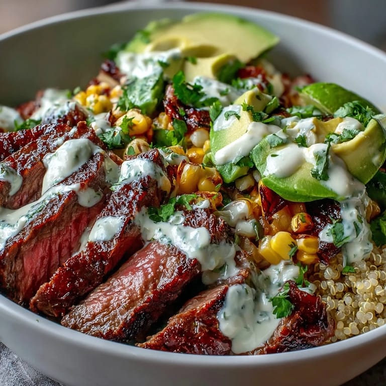 Grilled steak, diced avocado, and golden corn kernels sit over fluffy rice in a colorful dinner bowl, finished with cilantro sauce.