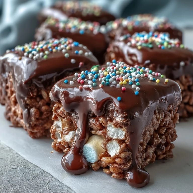 Freshly cut Chocolate Covered Rice Krispy Treats arranged on parchment paper, ready to serve at a party or family gathering.