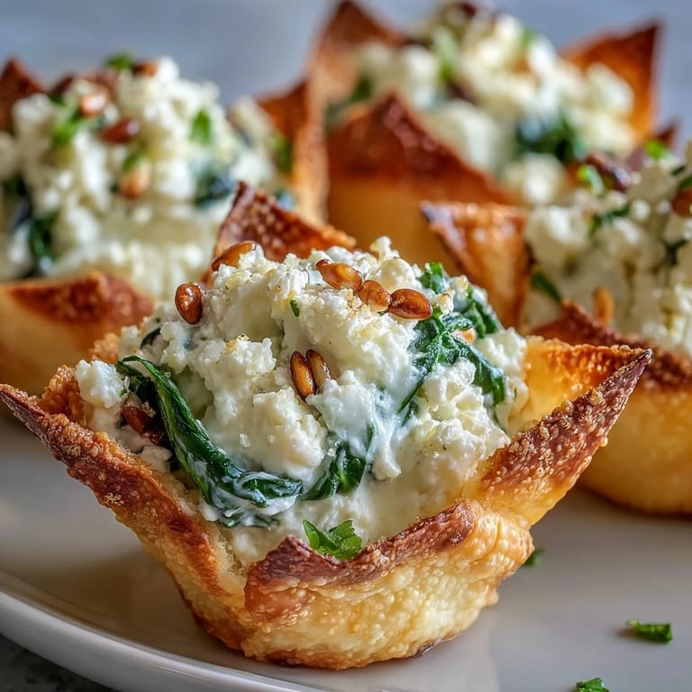 Close-up of golden Mediterranean Spinach and Feta Cheese Crisps, showing lemon zest flecks and herbs in the savory filling.