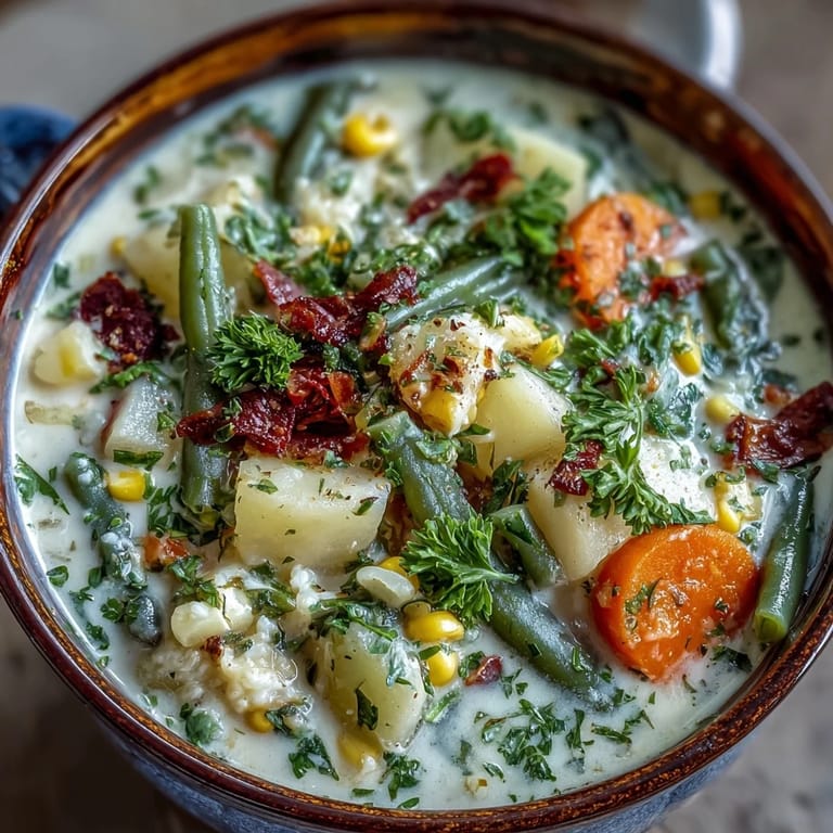 Creamy Amish Snow Day Soup features tender potatoes, carrots, and corn in a hearty bowl.