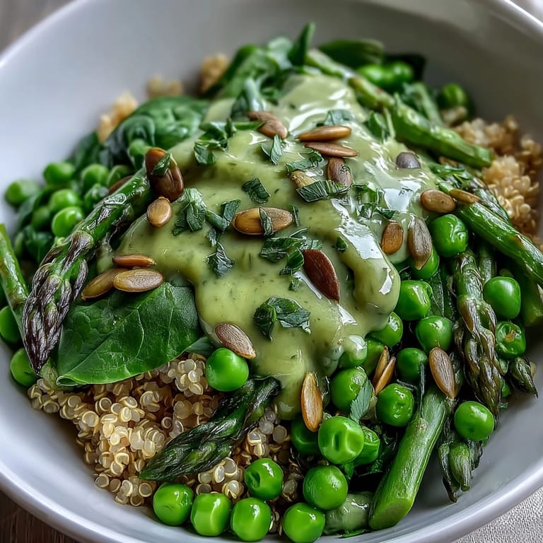 A finished Spring Green Bowl with farro, tender-crisp asparagus, bright green peas, and fresh herbs, ready to serve.