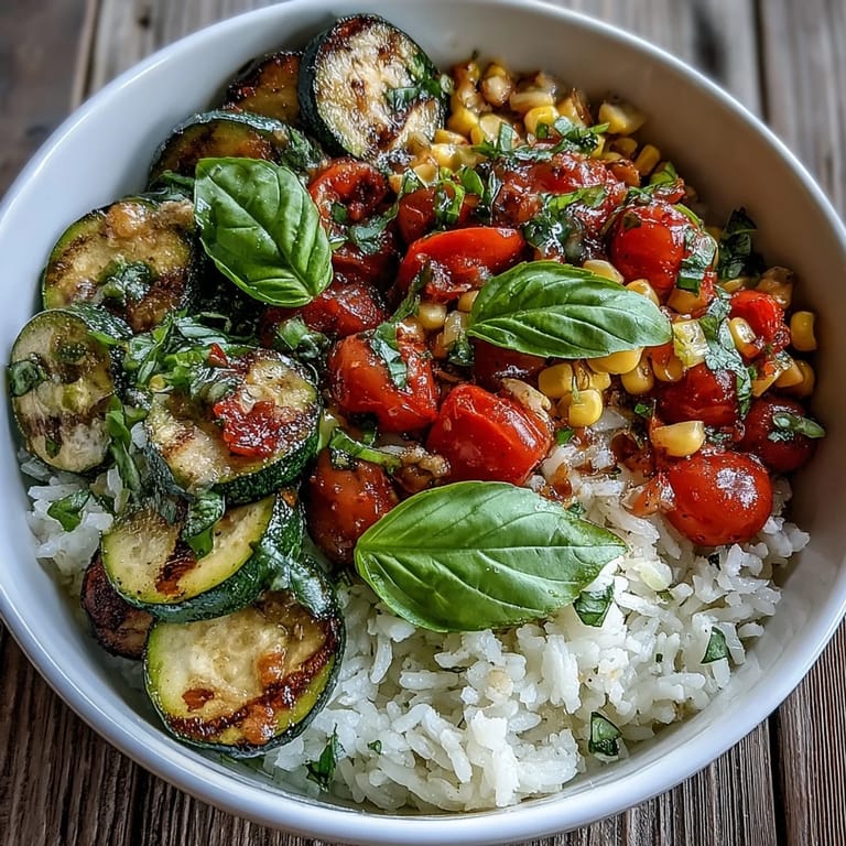 Summer Vegetable Bowl served hot with fresh basil garnish and a drizzle of lemon juice.
