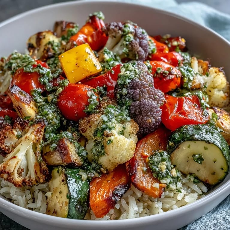 Close-up of a fresh Rainbow Roasted Vegetable Bowl, showcasing colorful roasted veggies and drizzled green herb sauce.