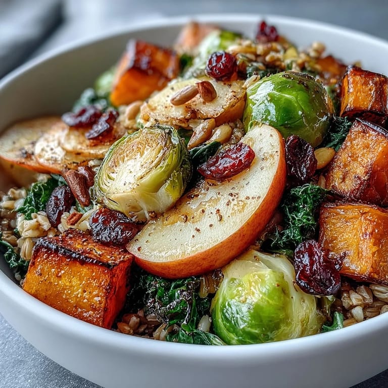 Warm Fall Vegetable Bowl with grains, roasted apples, and crumbled feta for cozy dinner.
