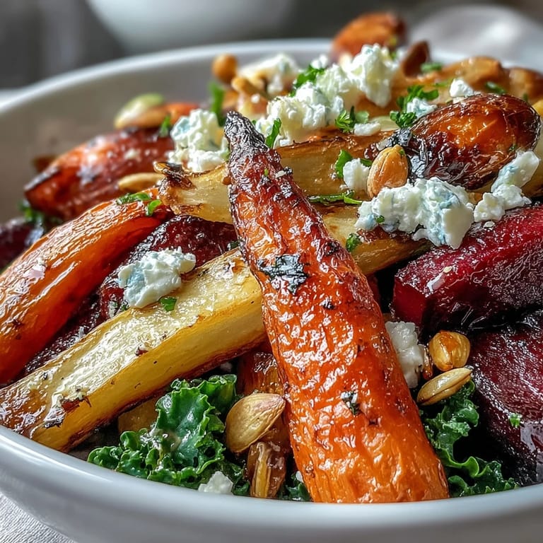 Winter Root Vegetable Bowl plated with roasted vegetables, massaged kale, and crumbled feta cheese.