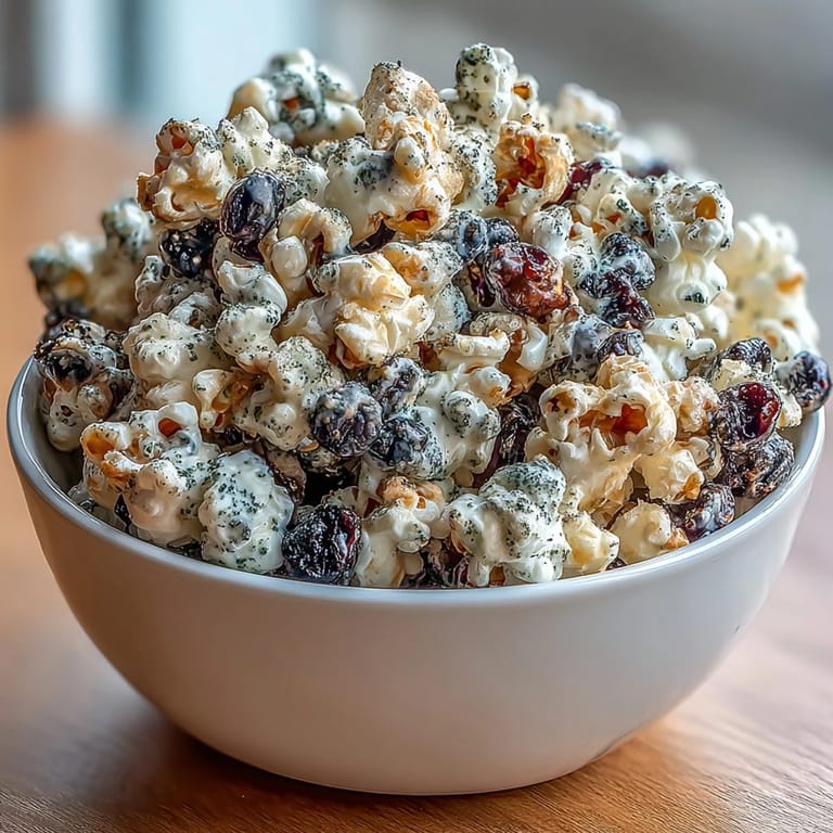 Black Currant Cheesecake Kettle Corn piled high, showcasing fluffy kernels coated in tangy purple sugar and cream cheese powder.