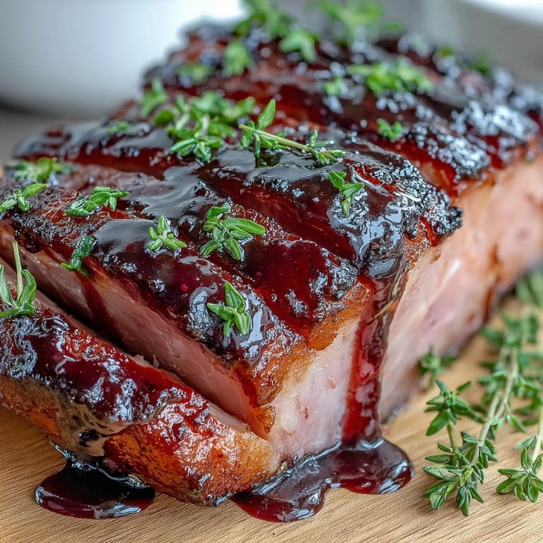 Close-up of a brushed-on Black Currant Glaze coating a golden brown pork roast, highlighting the sticky, tangy-sweet finish and fresh thyme garnish.