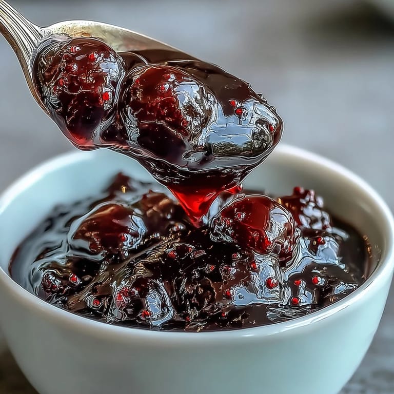 A freshly opened jar of Black Currant Jelly reveals its glossy, jewel-toned texture.
