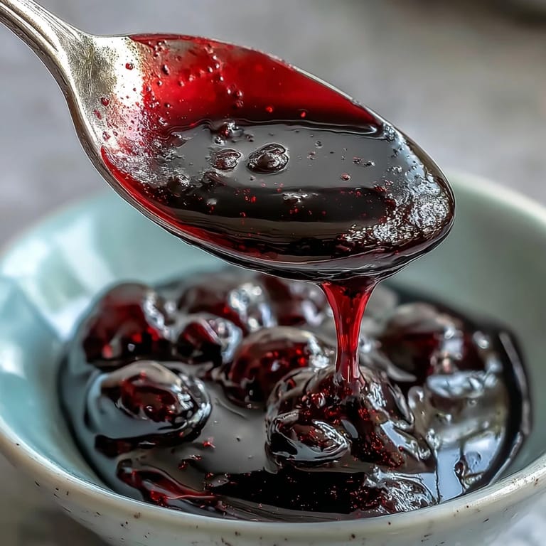 Close-up of a spoon lifting viscous Black Currant Syrup, capturing its deep color and sweet, aromatic consistency.