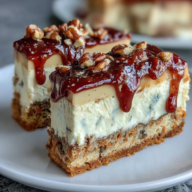 Marbled carrot cake cheesecake bars with rich cream cheese layer and velvety frosting, perfect for spring gatherings.