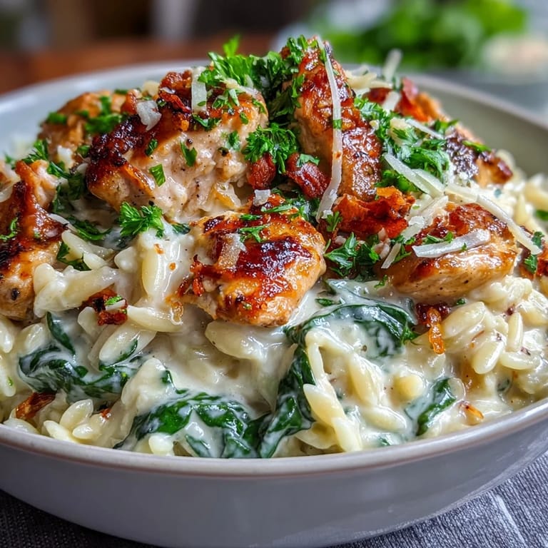 Bright and zesty Lemon Orzo with Chicken and Spinach, featuring tender chicken, fresh spinach, and a creamy lemon sauce.  