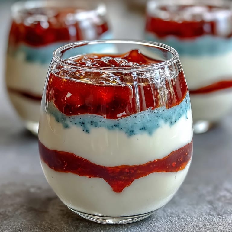 Festive layered Jello cups in red, white, and blue, topped with whipped cream and fresh berries for a sweet treat.