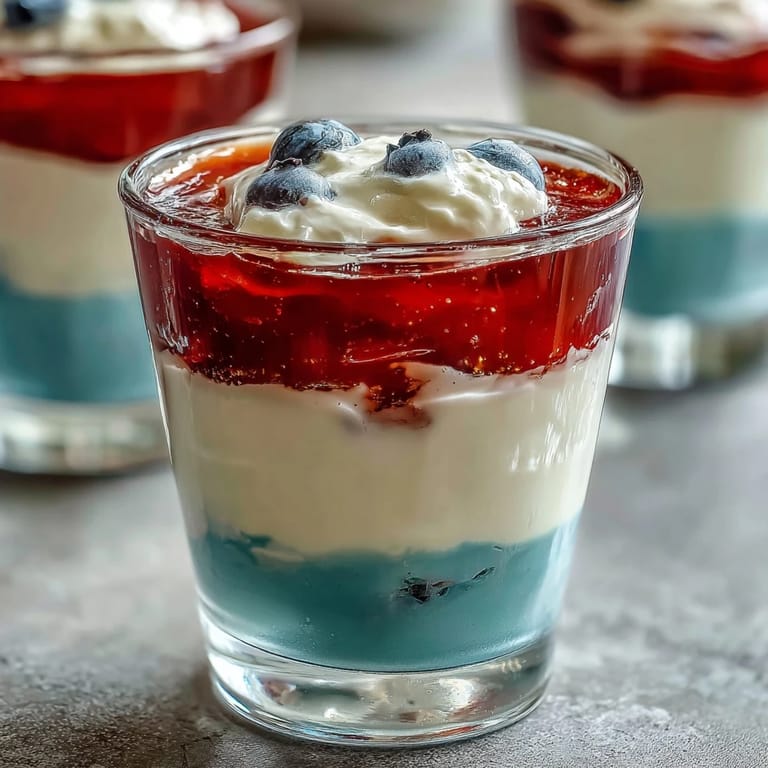 Chilled Red, White, and Blue Layered Jello Cups with bold stripes, ideal for Fourth of July picnics and festive gatherings.