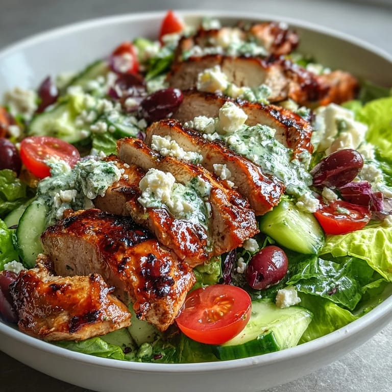 Healthy Greek Salad Bowl with Grilled Chicken, a light and satisfying dish with grilled chicken, fresh vegetables, and creamy feta cheese.