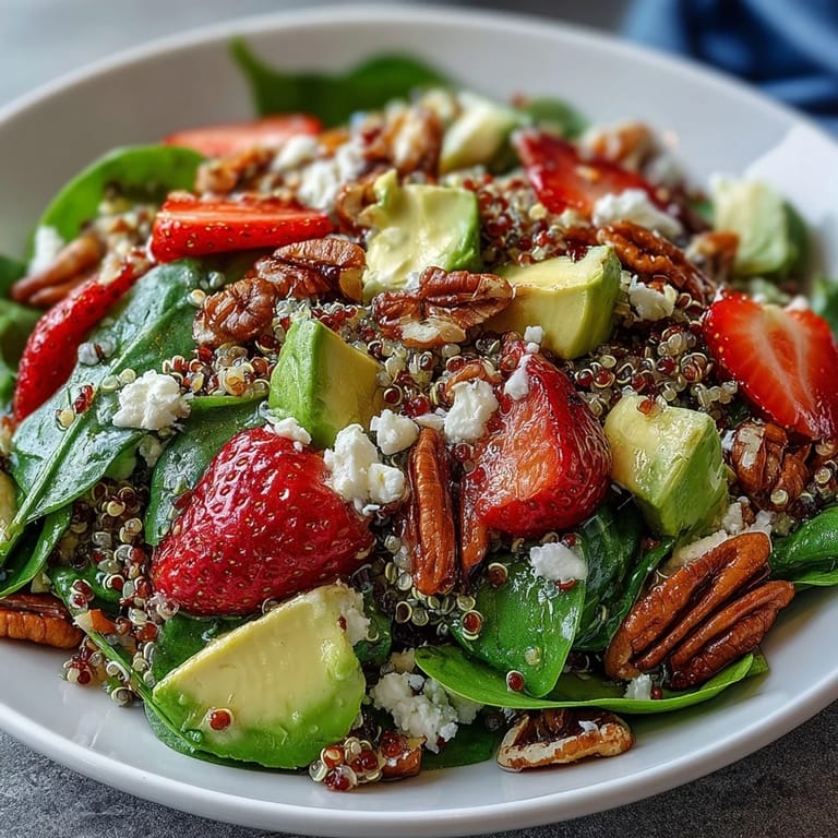 Colorful quinoa salad with strawberries, avocado, and almonds, drizzled with zesty lemon-honey dressing for a refreshing lunch.