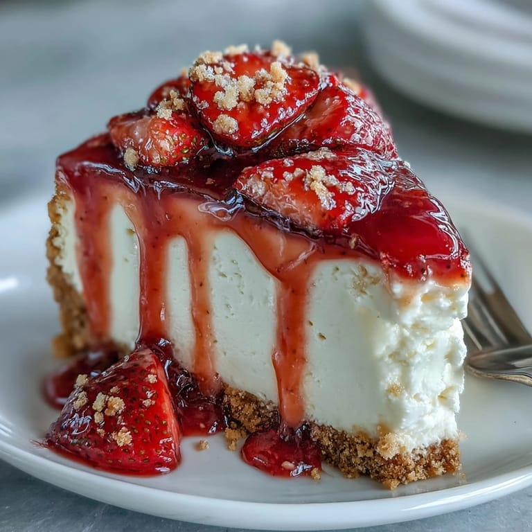 Velvety no-bake cheesecake layered over a crunchy graham cracker base and crowned with fresh strawberry topping.  