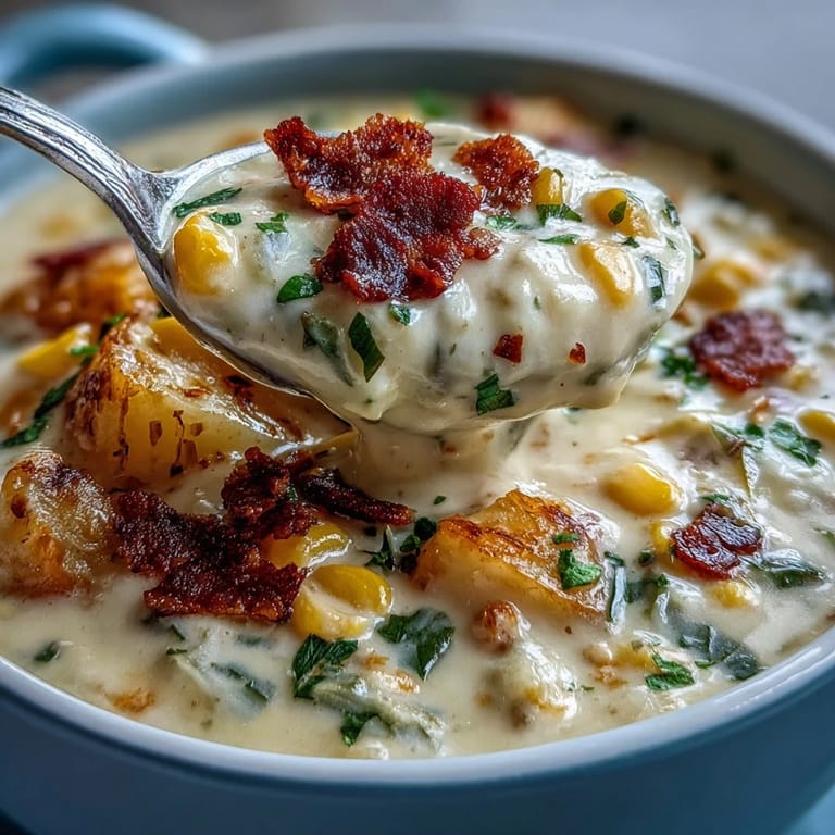 Warm cabbage and sweet corn chowder with crispy bacon bits, perfect for a cozy, satisfying meal.  