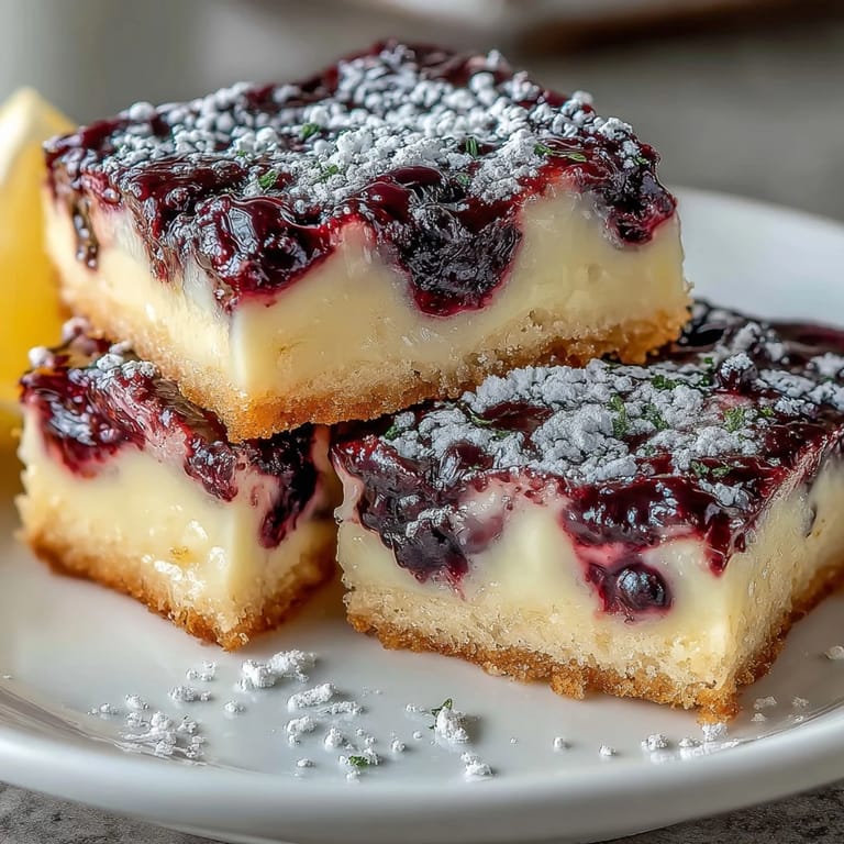 Tangy lemon bars feature a shortbread crust and vibrant blackberry swirl topping.