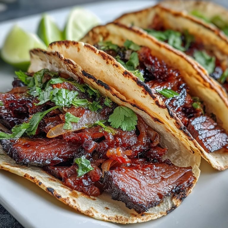 Flavorful beef brisket tacos featuring sweet and sour pickled red onions, ready to enjoy.