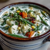 A warm bowl of Amish Snow Day Soup garnished with fresh parsley and a swirl of cream.
