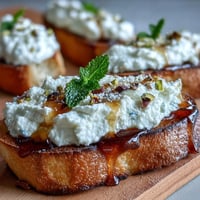 Creamy whipped ricotta spread on toasted baguette, drizzled with honey and sprinkled with pistachios for a sweet and savory appetizer.