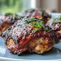 Savory soy glazed chicken thighs with sticky caramelized skin, baked to perfection for an easy, flavorful dinner.