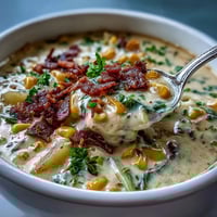 Creamy cabbage corn chowder with smoky bacon and tender potatoes in a hearty, comforting bowl.  
