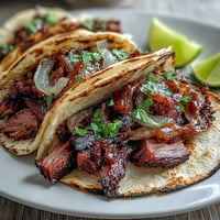 Juicy smoked brisket tacos topped with vibrant pickled red onions and cilantro.